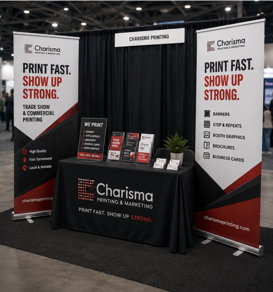 Charisma Printing trade show booth with red and black retractable banners reading Print Fast. Show Up Strong.